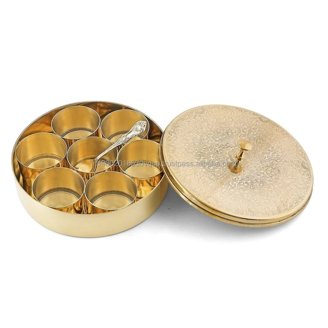 Brass Etched 7 Pcs Spice Box / Masala Box With Spoon 8 Inch Spice Container Kitchen Essential