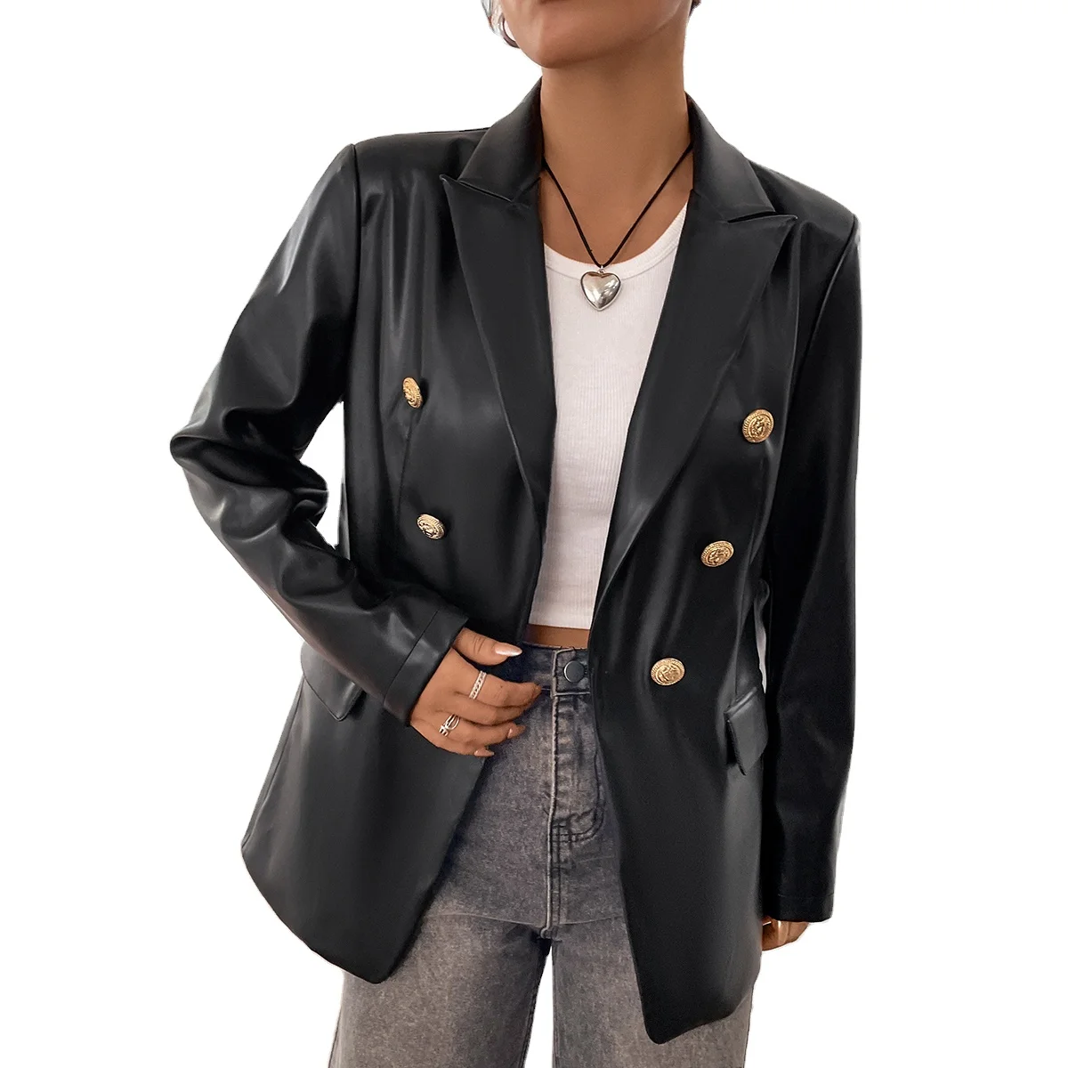 Elegant Black Blusas Para Mujer PU Leather Blazer Ladies Thick Vintage Clothing Blazer Suits For Women Double Breasted Blazers