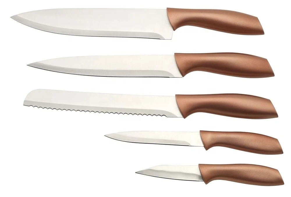 Yangjiang Factory, 5pc kitchen Chef bread slicer knife set stainless steel blade rose gold color handle in rose gold block