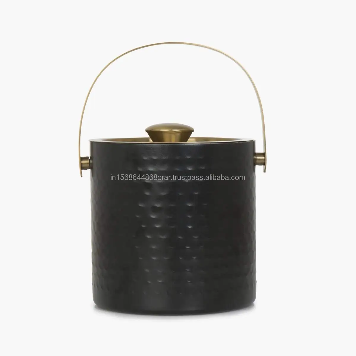 Luxury 1.5 Litre Double Wall Stainless Steel Ice Bucket Hammered Design in Black/Gold for Cocktails & Beverages