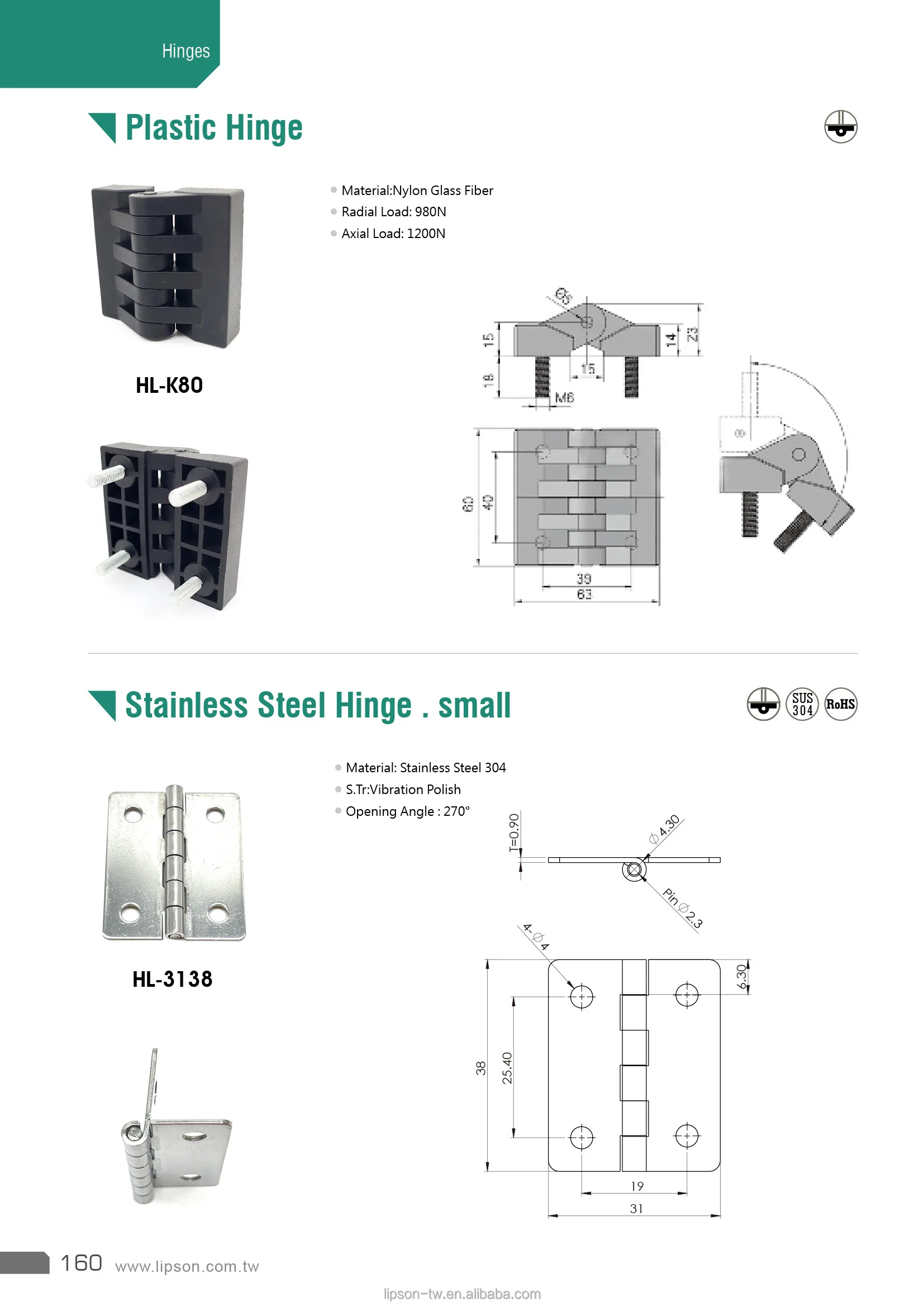 HL-K80 Door Hinges Cabinet Non Detachable Black Reinforced Nylon Polyamide Butt Gf 180 degree Plastic Hinge