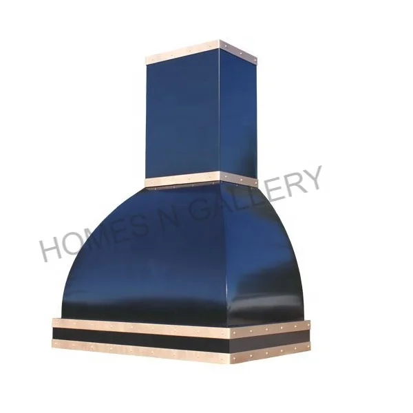 Top selling High Quality Antique Design Powder Coated Copper Brass Kitchen Island Range Hood Canopy Chimney With Strip Rivets