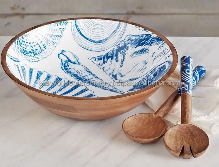 Mango  wood Acacia  hard wood Enamel Coated Wooden Serving Bowl with Spoon set for Kitchenware from Indian Supplier