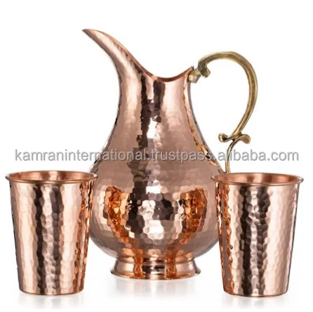 70 OZ Solid Copper Hammered Water Jug Drinking Pitcher with Tumblers & Glasses Kitchen Metal Water Jug & Utensils