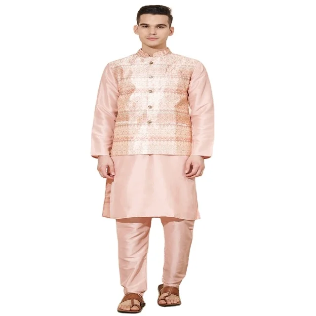 Мужской однотонный пижамный комплект из чистого шелка Kurta модный удобный стильный с длинным рукавом тяжелый джекард-Коти свадьбы доступны онлайн |