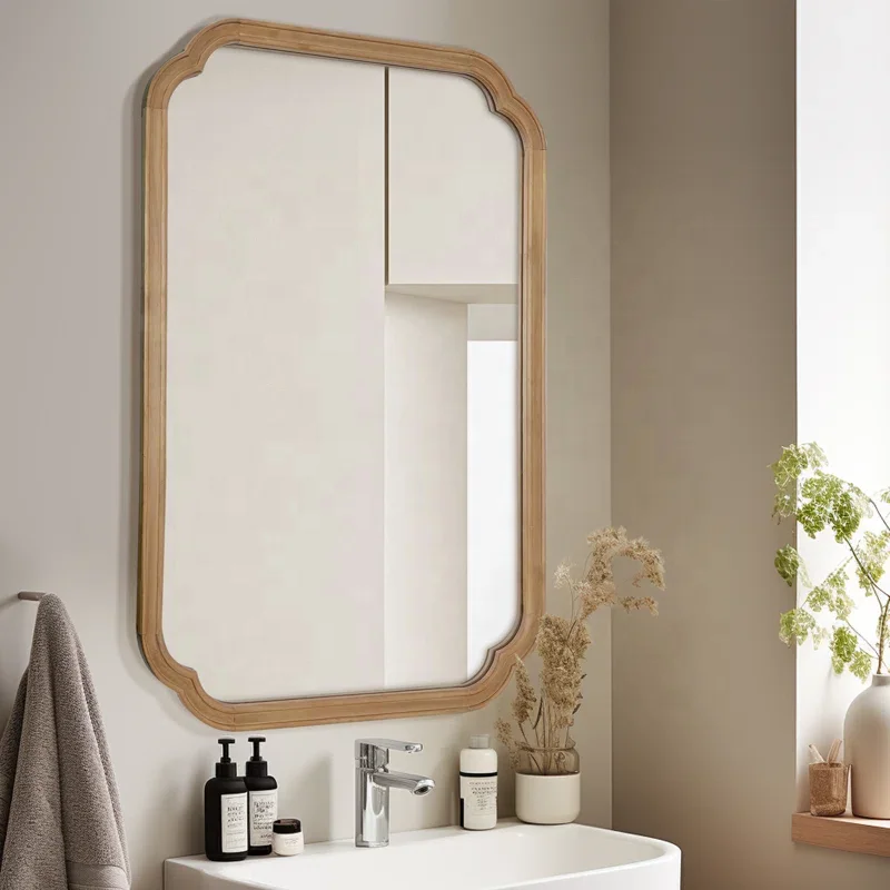 SWT Modern Country Decoration Wood Frame Round Corner Arched Rustic Wall Mirror