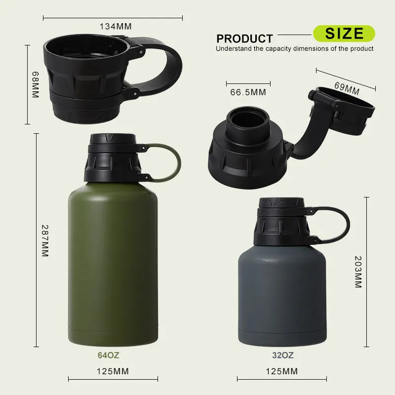 32oz 64oz Stainless Steel Double Wall Travel Pot Vacuum Beer Growler with Handle Lid Custom Logo Vacuum Flask Water Jug