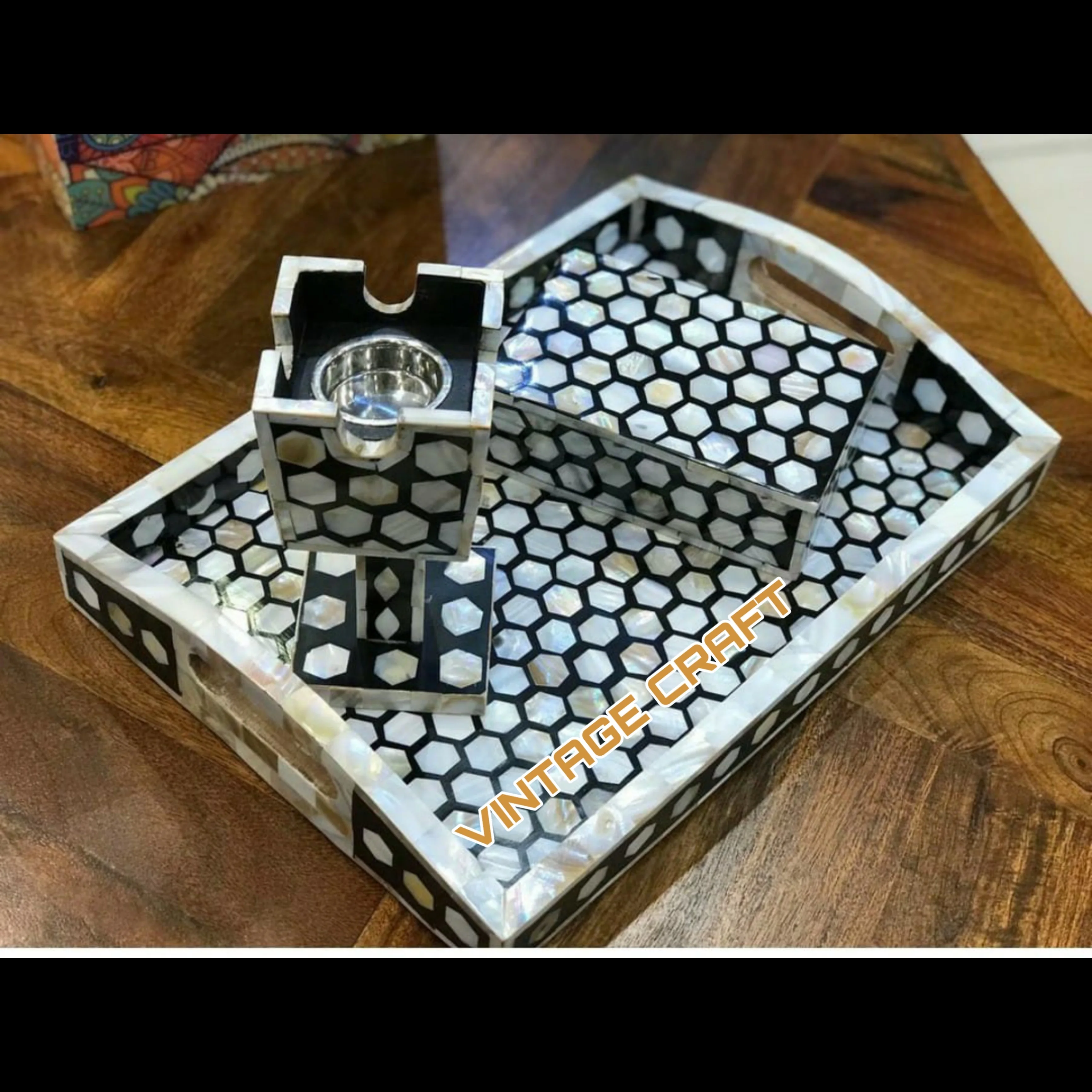 MOTHER OF PEARL INLAY WOOD CRAFT SERVING TRAYS MOTHER OF PEARL INLAY TEA PLATES GIFT FOR RAMADAN OR EID