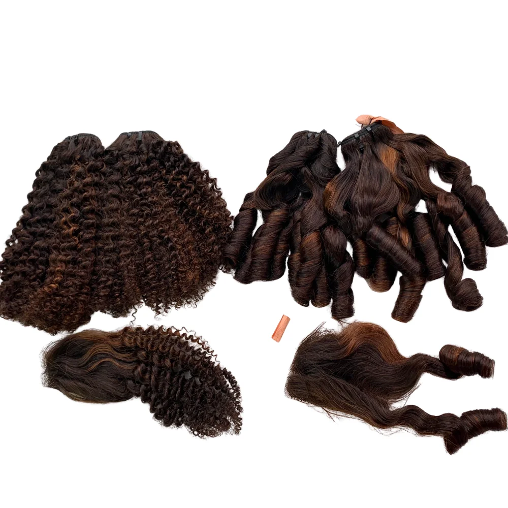 Funmi Curl 100% Raw Human Hair Extensions 16 Inches Piano Brown Orange Water Wave Cheap Price Curly Hair Bundles from Vietnam