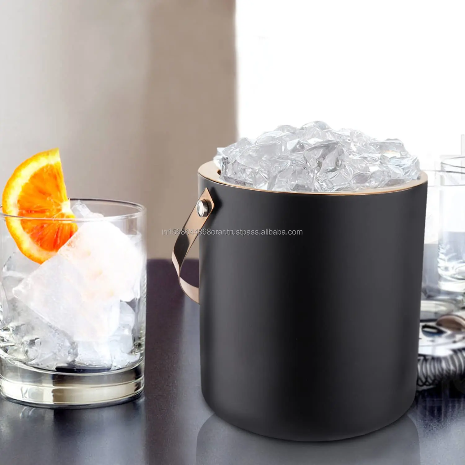 Premium 1.5 Litres Stainless Steel Ice Bucket with Metal TONG Black/Copper Beverage Tubs for Parties