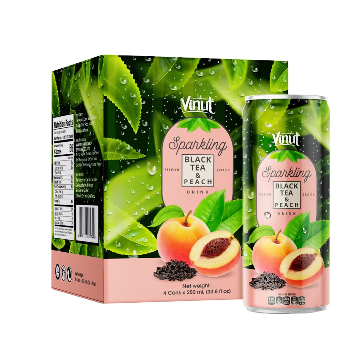 
250ml Carbonated drinks VINUT Can (Tinned) Black tea & Peach Factories Low price ODM service in Vietnam Halal Certified 