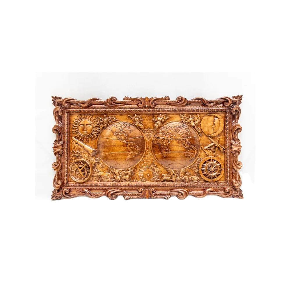 Large 3D Antique style Wooden Old World Map Bas-relief Wooden Carved Wall Art Home Decor