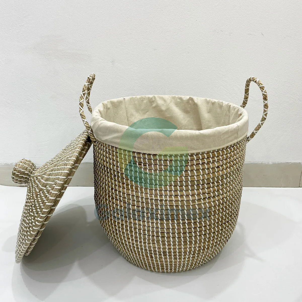 Large white wicker hamper basket handcrafted in Vietnam