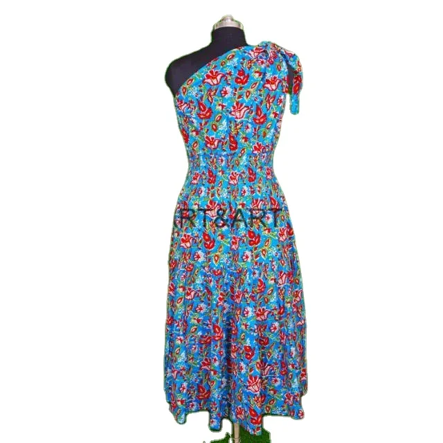 Handmade Floral Prints Cotton n dress One side Shoulder Designer cotton long dress smocking body dress for women cotton voile