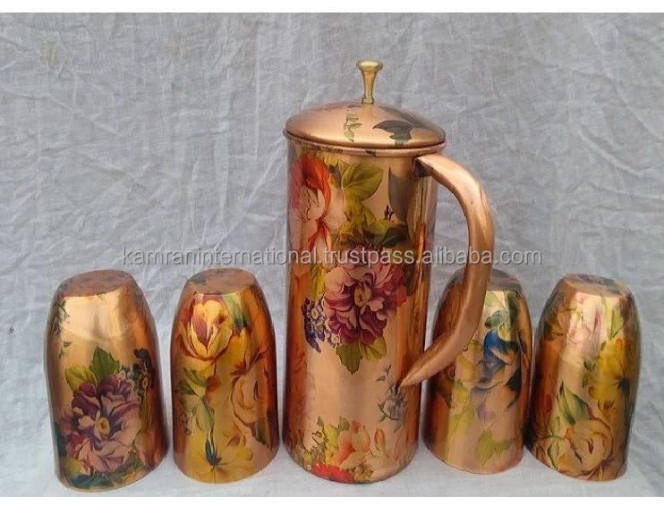 70 OZ Solid Copper Hammered Water Jug Drinking Pitcher with Tumblers & Glasses Kitchen Metal Water Jug & Utensils