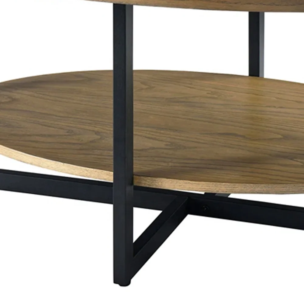 Modern Coffee Table Oval Solid Teak Wood With Natural Finish and Black Leg