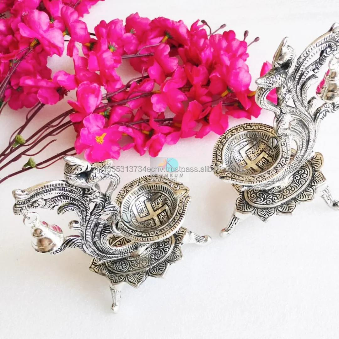 German Silver Plated Peacock Diya with Bell Indian Return Gift Wedding Favor Gifts Diwali Decor Diya Oil Wick Deepak
