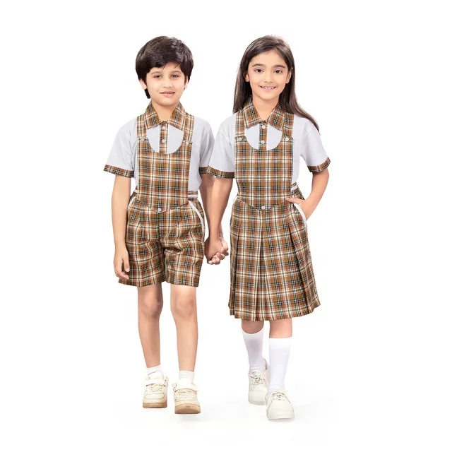 Wholesale School Uniforms Dress Set White T-Shirts with Girls Suspender Skirt and Boys Suspender Shorts
