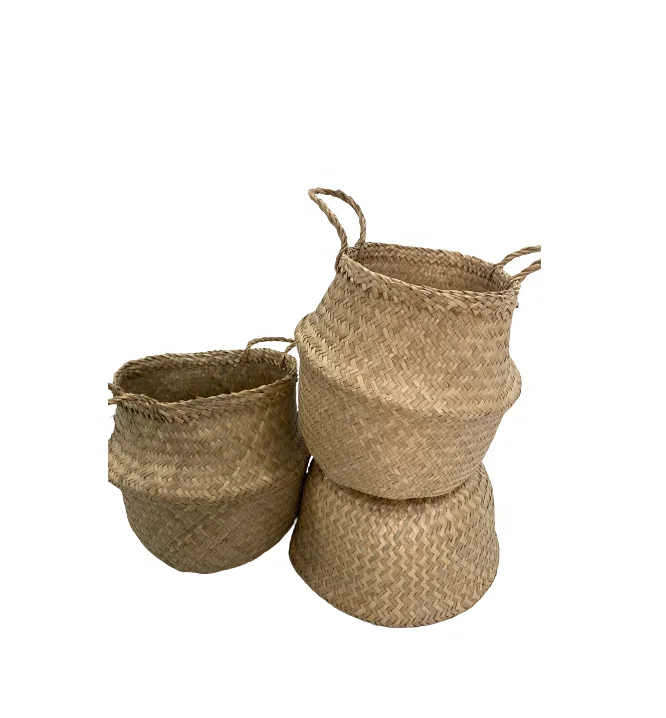 Woven Basket Sustainable Wholesales SEAGRASS BASKET DESIGN  BELLY BASKET WITH LID Home decor Handicraft in Vietnam