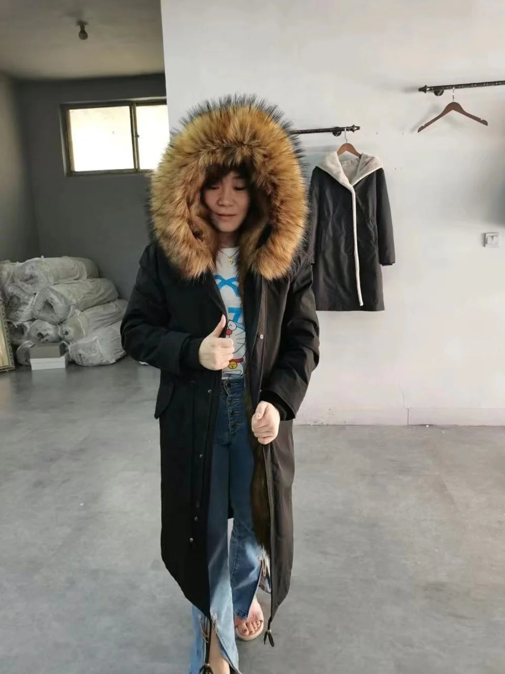 New Custom Design Lady Fur Collar Long Hoodies Warm Jackets Plus Size Winter Coat Women Parka Jackets