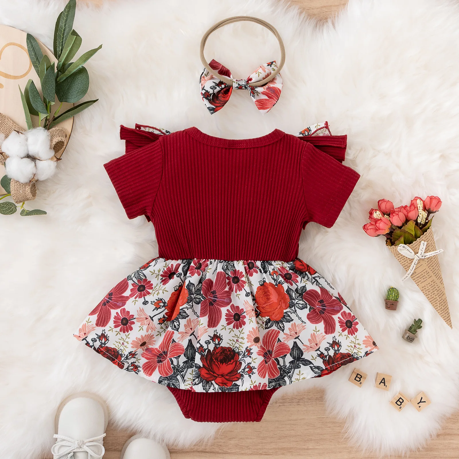 wholesale Baby Girls Dress Set Ruffle Summer Romper Short Sleeve Bow Skirt Cotton Baby Girl Romper