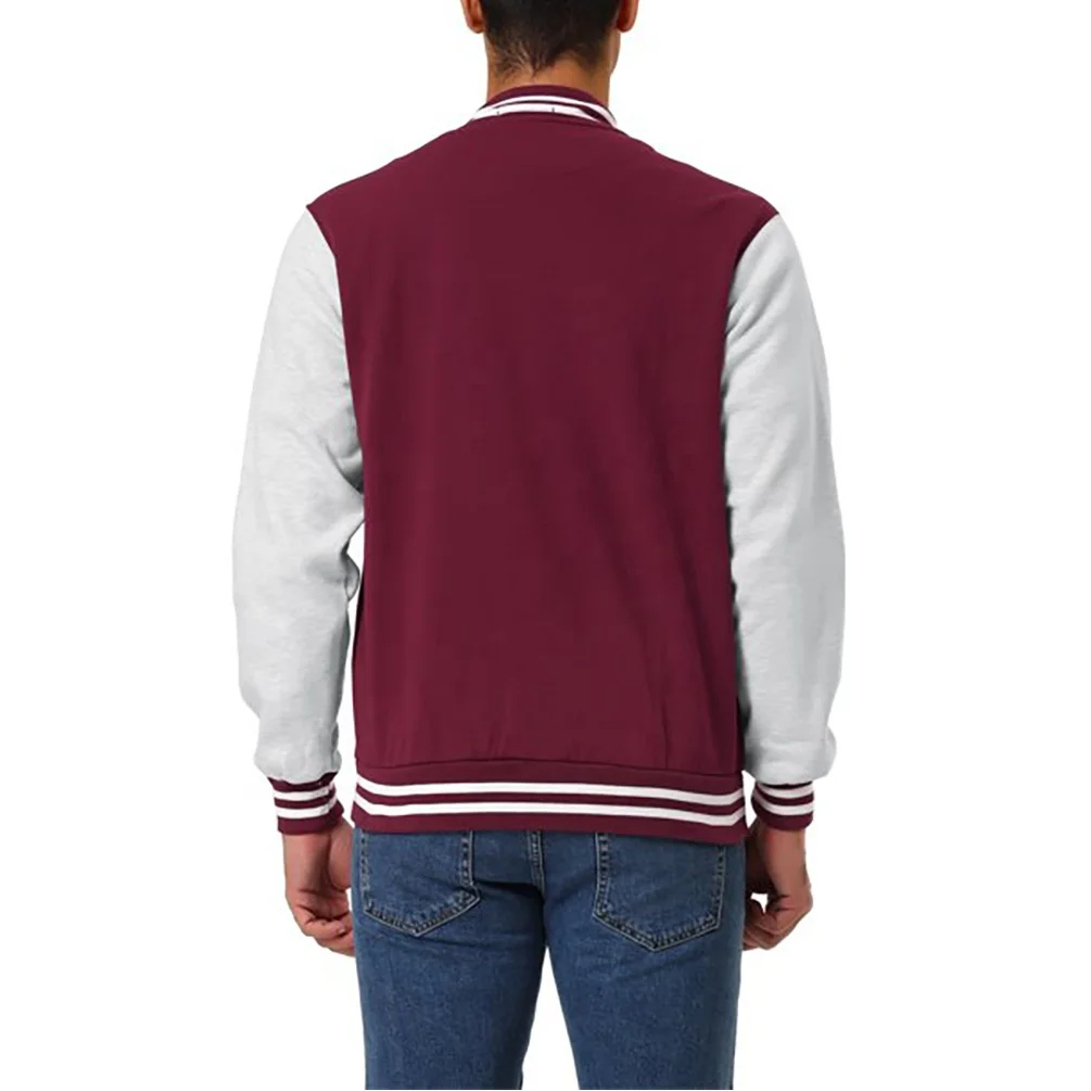 Good Quality fabric of varsity jacket Wholesale body and arm wool custom rib button up close and pockets inside liner coating