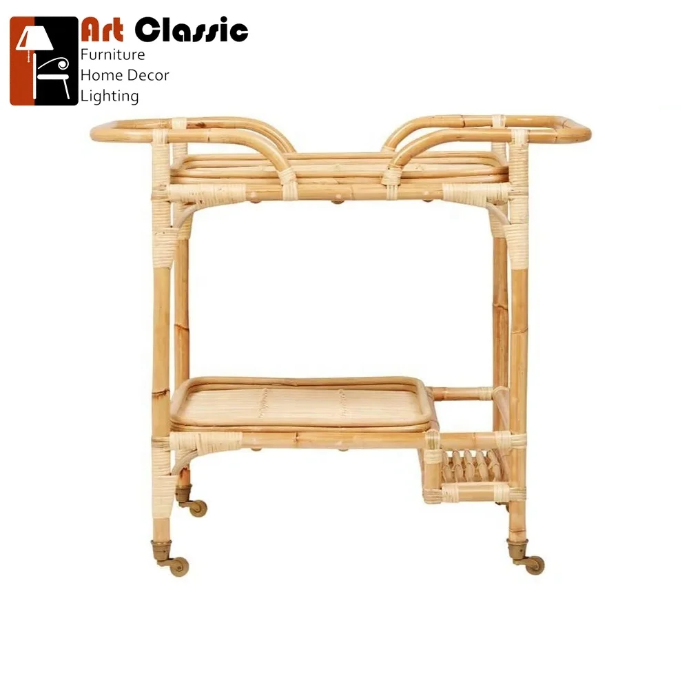 Sindoro Trolley Handmade Rattan Wicker Serving Moving Cart, Bar Table