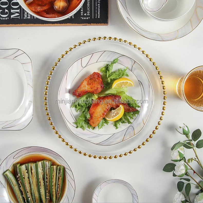 Bone Porcelain Household Food Plate 8/9 Inch Gold Circular Rice Fruit Tableware Dinner Tray Dishes Dinnerware Round Pan bowl Pot