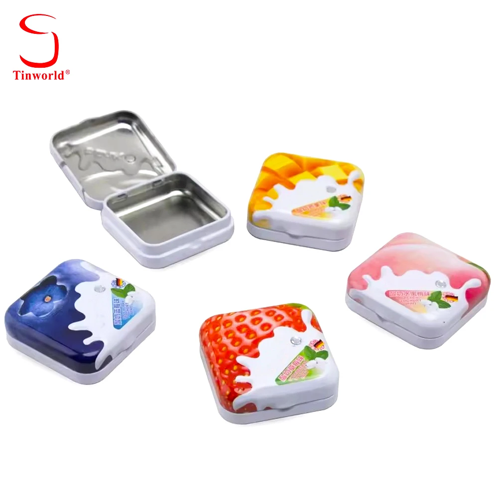 Popular Custom Printed Tinplate Candy Packaging Box With Metal Hinged Mini Small Mint Candy Tin Box Empty Candy Boxes