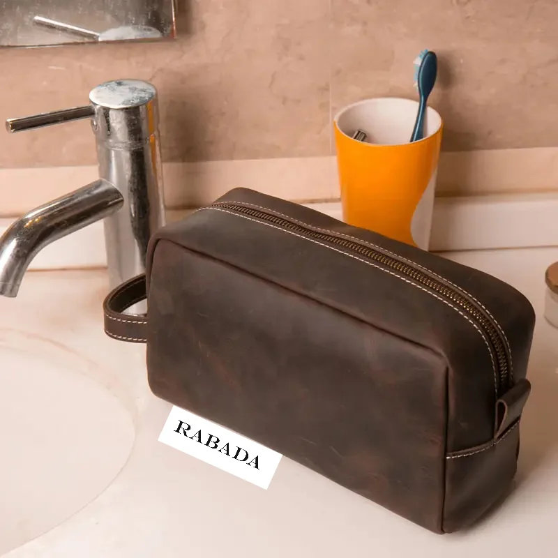 RABADA Large Capacity Custom Fashion Men Cowhide Travel Shaving Bags Genuine Leather Cosmetic Pouch For Men