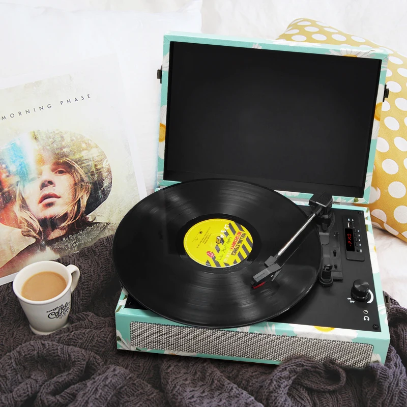 Виниловый проигрыватель проигрывателей с портативным граммофонным динамиком в стиле ретро Bluetooth
