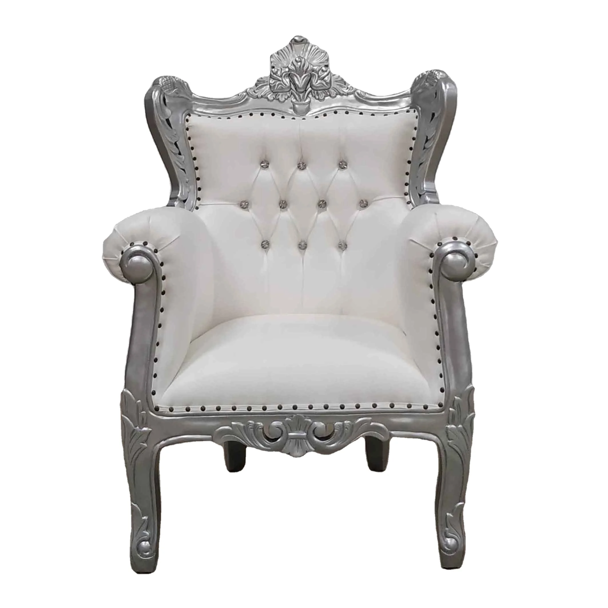 European Antique Style Solid Wood Mahogany Arm Chair White Silver Tufted Leisure Sofa for Bedroom Home Living Room Furniture