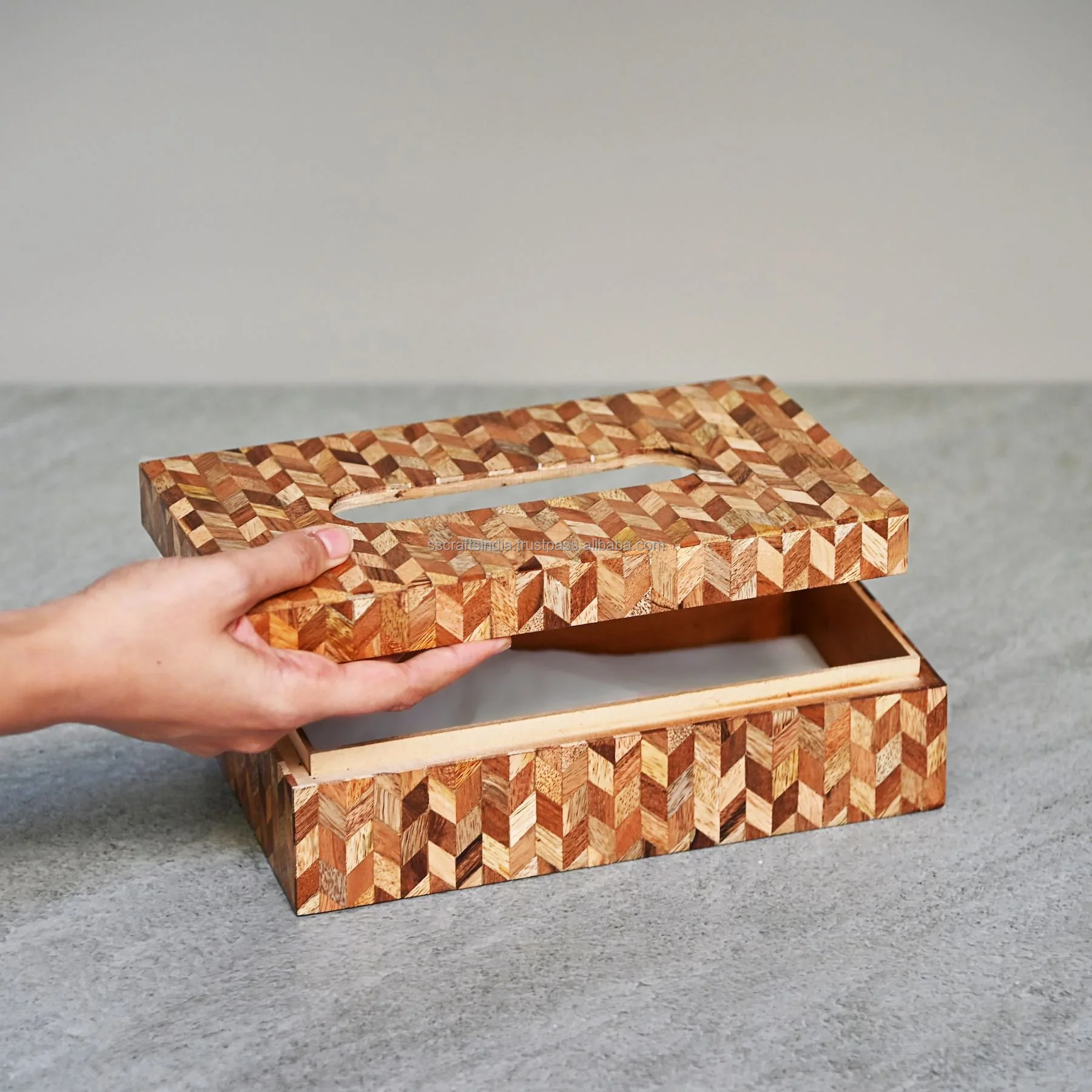 Hot selling wooden tissue box handmade Diamond Inlay wooden tissue storage box Fantastic Design acacia wood tissue box Indian