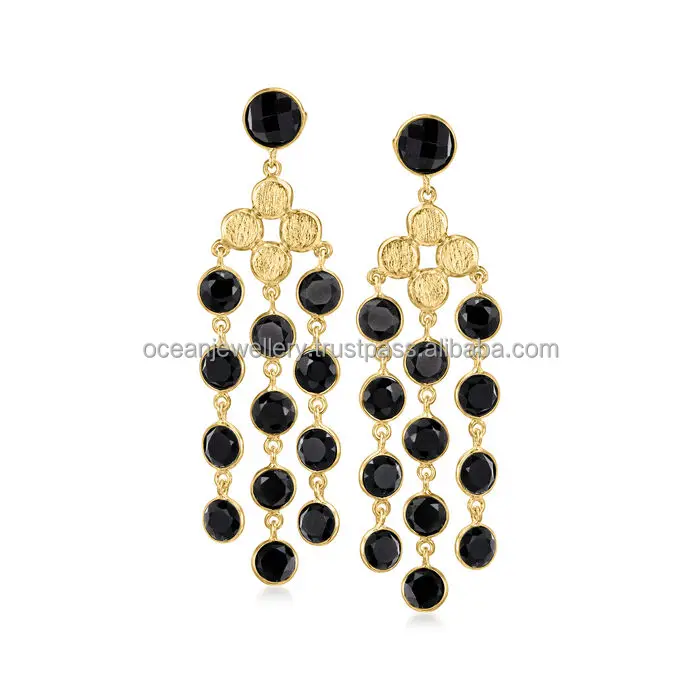 925 Sterling Silver With Gold Plated Onyx Chandelier Earrings For Women Natural Black Onyx Earrings