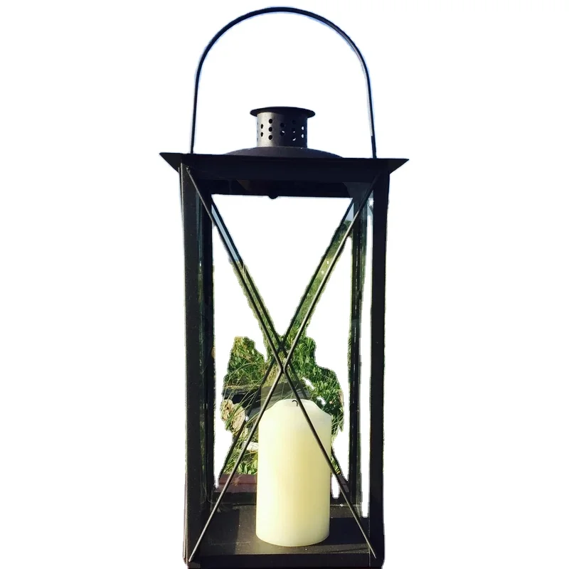 Hottest Selling wholesale factory price elegant hanging Candlestick Holder Black Iron and Glass Lantern for Wedding Decoration
