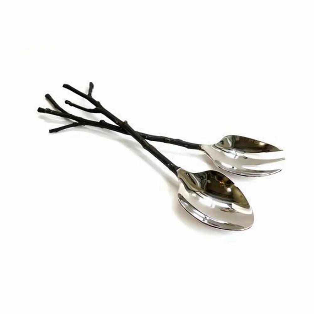 Stainless Steel silver  Salad Server With  Black Rustic Twig Handle design luxury high quality salad server