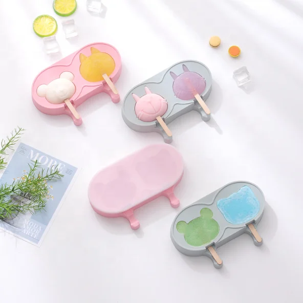 Amazing 2 Cavities Homemade DIY Reusable Silicone Animal Shaped Ice Cream Pop Maker Mold with Lids and Wooden Sticks