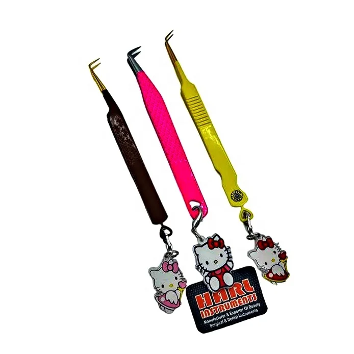 Lash Tweezer with Hello Kitty Keychains Heart Design Eyelash Extension Tweezer Fiber Tips Tweezers Eyelash Extension Supplies