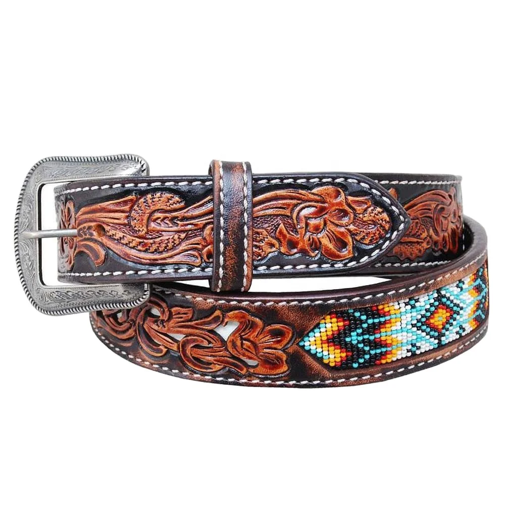Super Quality Custom Made Western Cow Leather Waist Beaded Belt With Hand Tooled Design Manufacturer