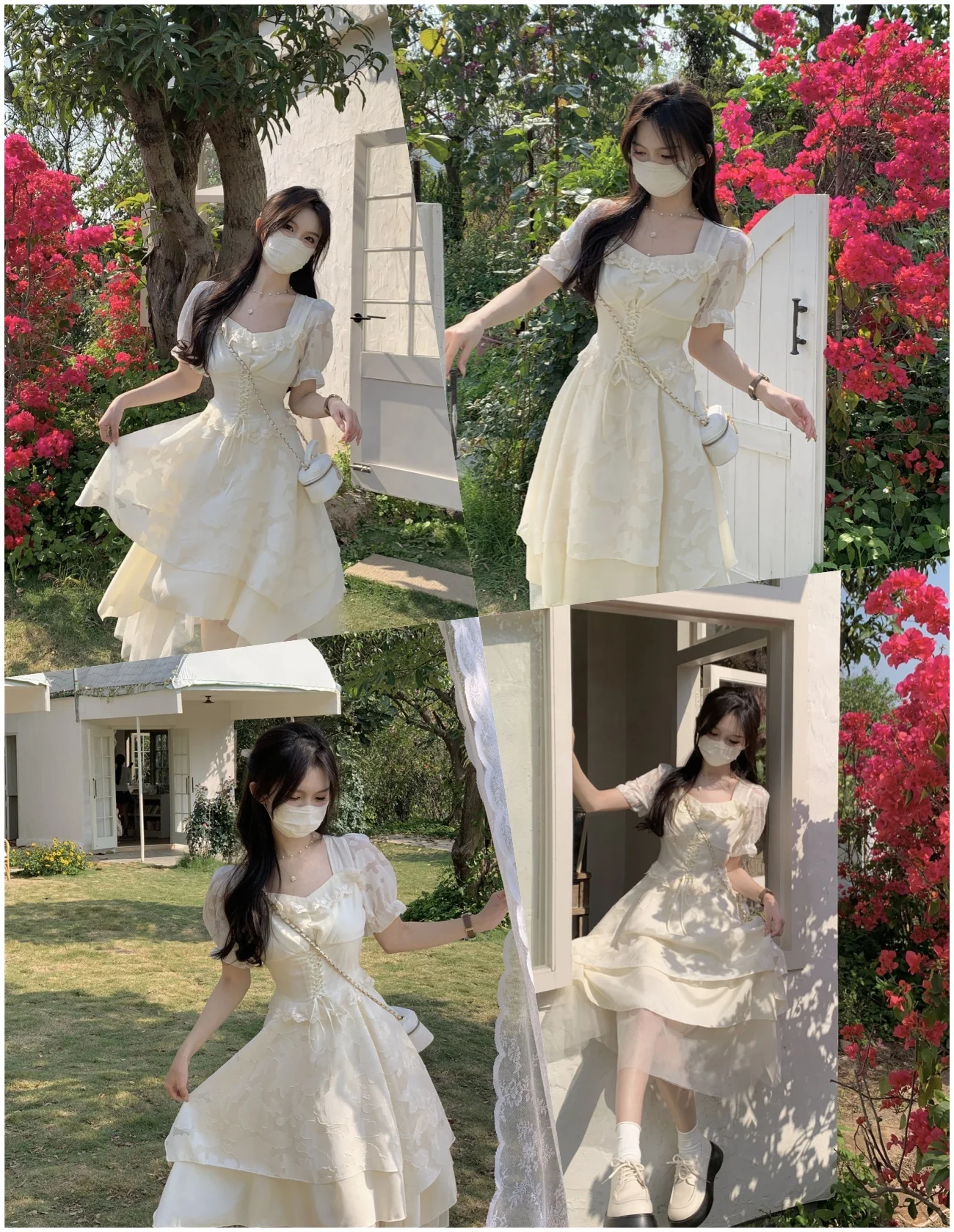 Customization Summer Square Neck Sweet Sundress Puff Sleeve Korean Casual Mini Dress