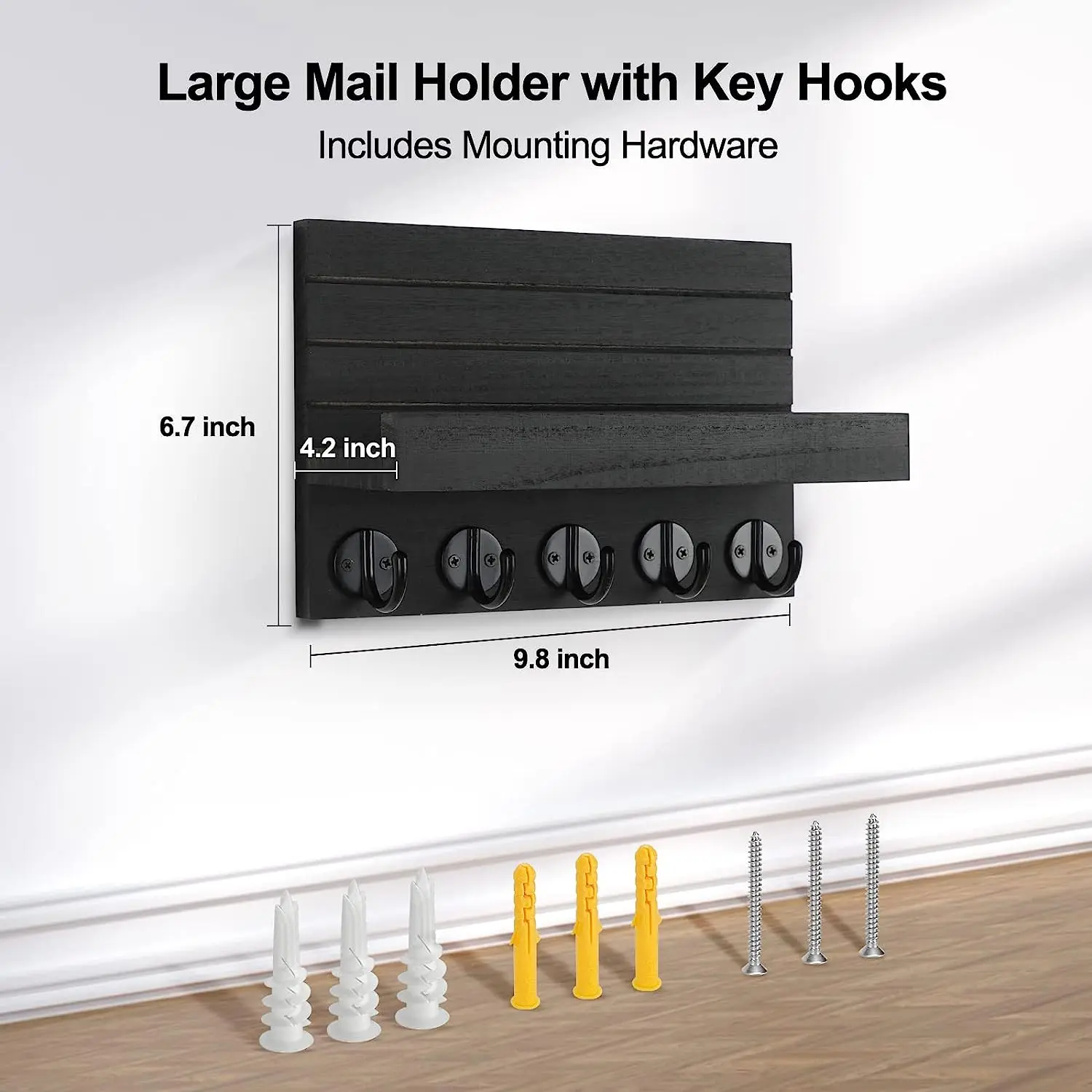 Decorative Key and Mail Holder with Shelf Has Large Key Hooks for Bags, Coats, Umbrella Key Holder for Wall