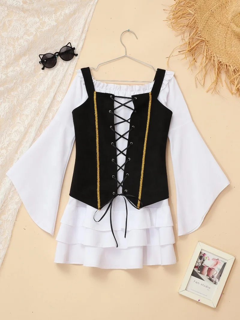 6-16 2pcs Girls Kids Halloween Pirate Cosplay Costumes Victorian Pirate Costumes Long Sleeve Dress And Suede Sets