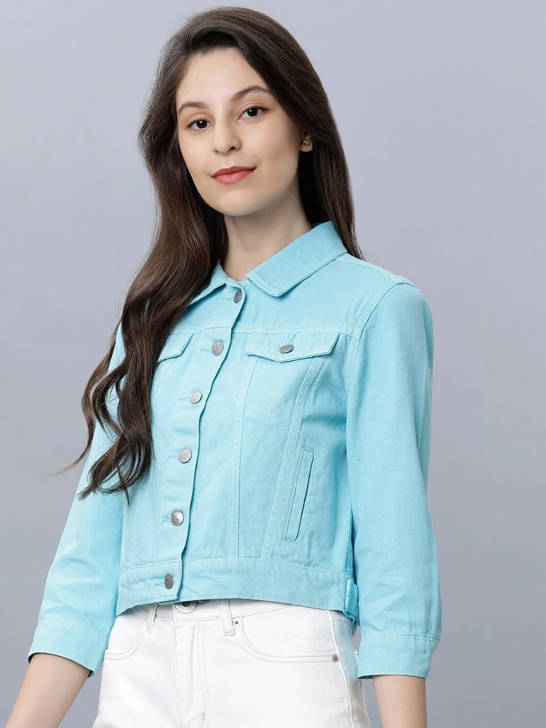 2022 Spring Autumn Customized fashion denim jacket women  jean jackets ferozi Color women denim/jean jacket