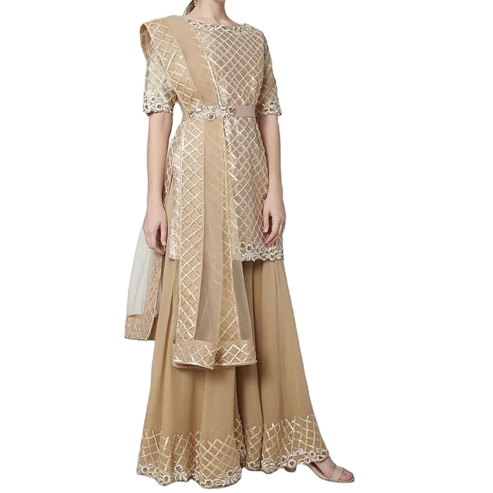 Amazing Embroidered Womens Gharara Sharara Set With Belt kurta in silk georgette and dupion base with gota embroidery for Party