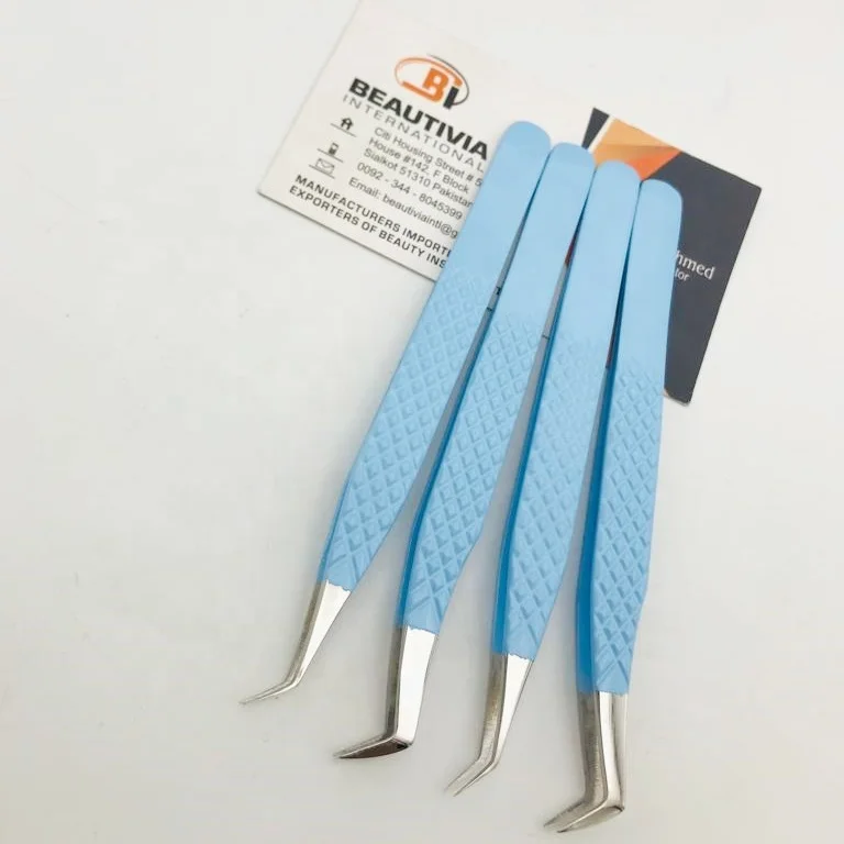 Sky Blue Color Coated Stainless Steel Hand Tested Light Weight Classic And Mega Volume Eyelash Extension Tweezers