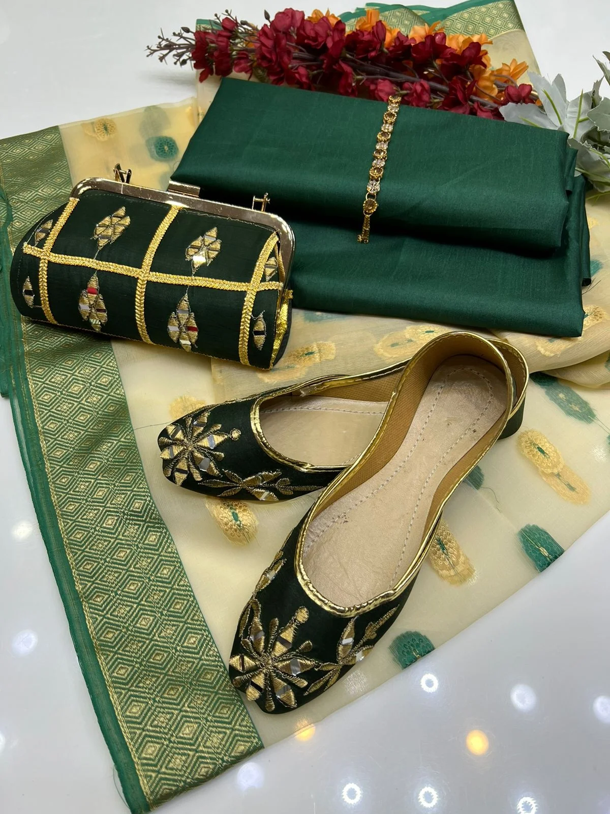 Pakistani Women Clothing 3 Piece Kattan Silk Suit with Printed Organza Dupatta with Clutch & Khussa