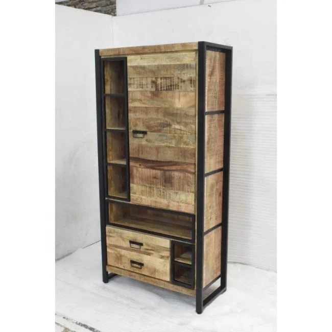Solid Mango Wood  Antique Finish Big Size Huge Metal Frame Industrial Vintage Living Drawer Panel Cabinet