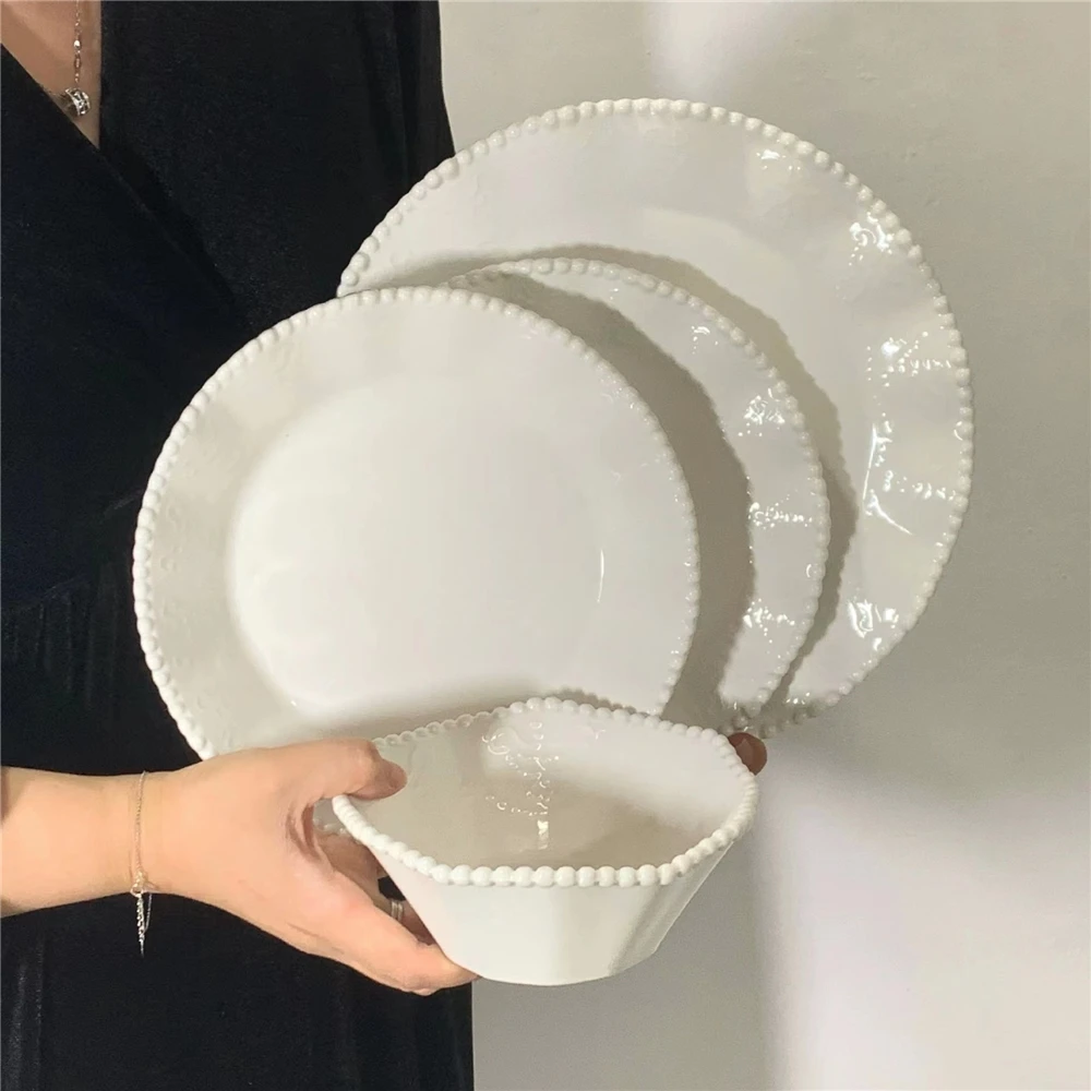 Nordic Pearl Edge Plate Ceramic Dishes Tableware Household Western Steak Plate