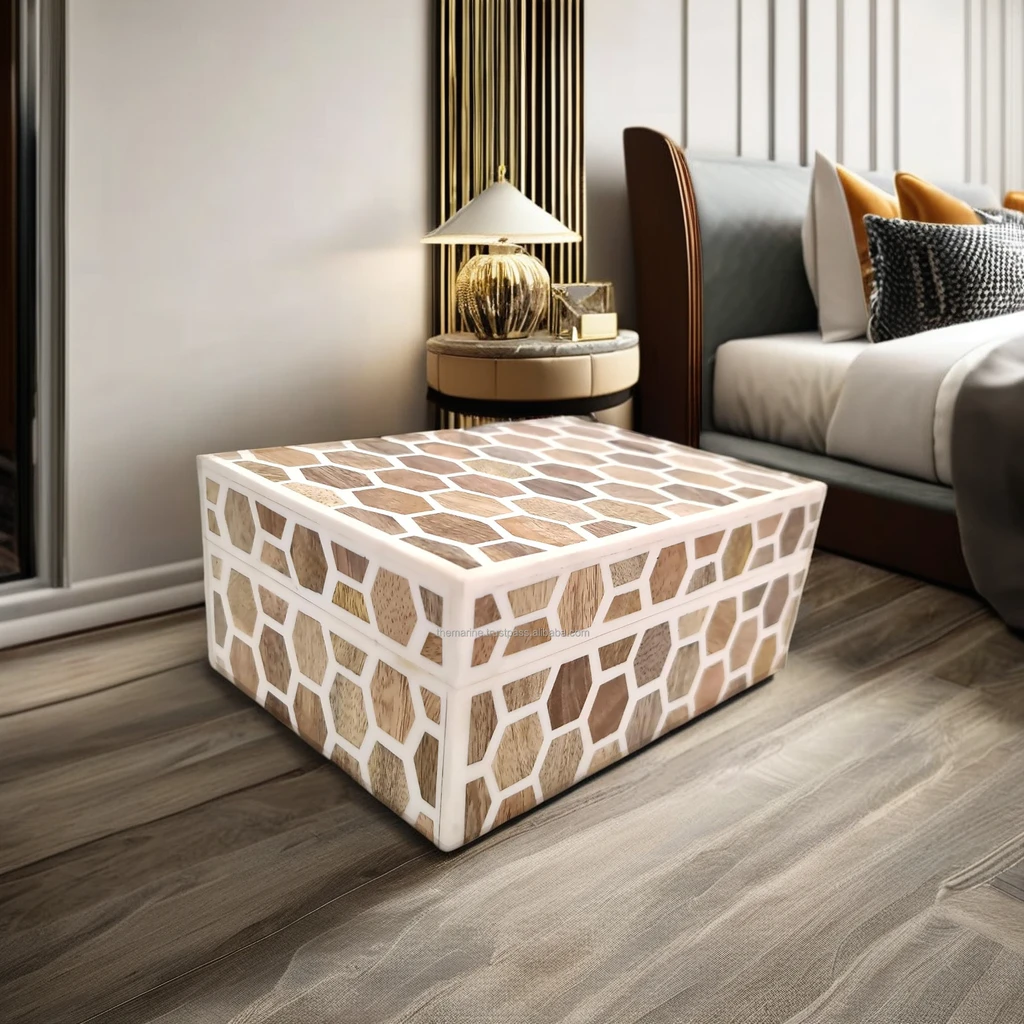 Handmade Decorative Honeycomb Pattern Bone Inlay Jewelry Box Housewarming Keepsake Storage Box Home & Table Decor