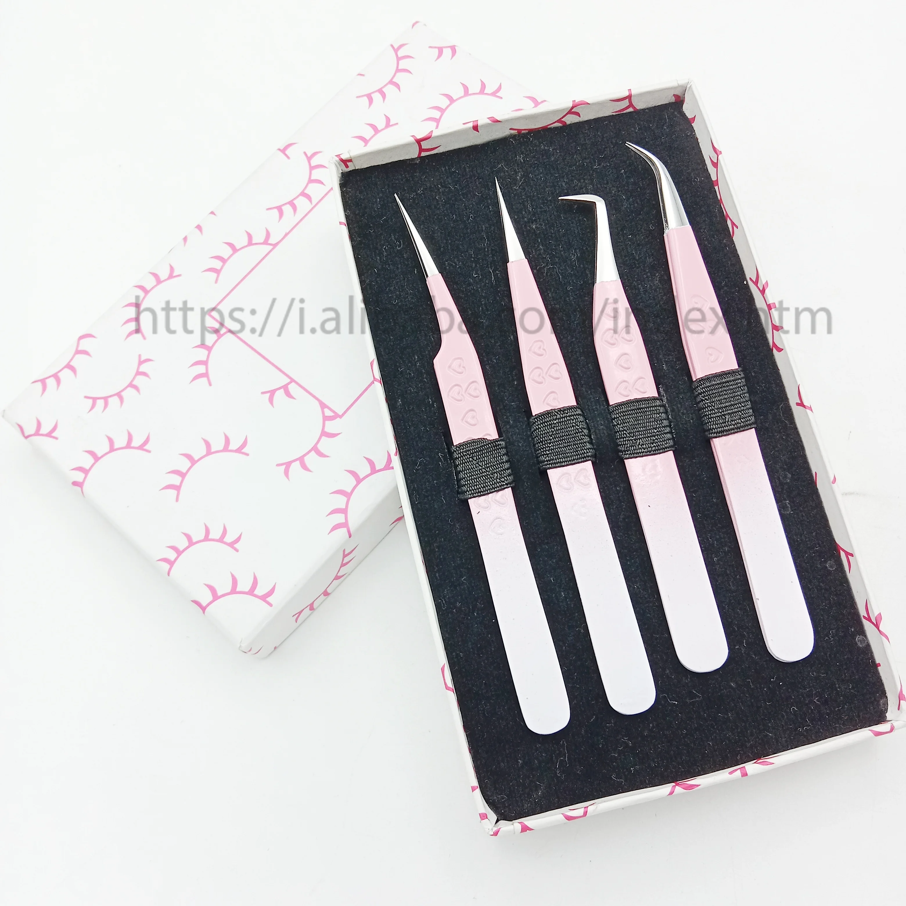 Wholesale Eyelash extension tweezer color  light pink color back white silver with high quality eyelash tool kits lash tweezers